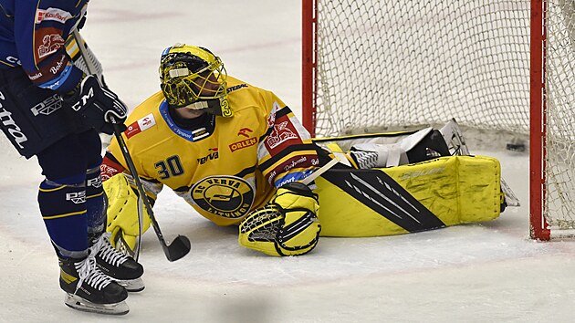 Utkn 31. kola hokejov extraligy: PSG Berani Zln - HC Verva Litvnov. Zleva Daniel Gazda ze Zlna a brank Litvnova Denis Godla