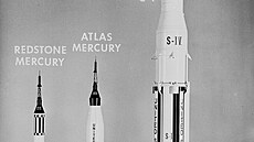 Porovnání velikosti model raket Redstone Mercury, Atlas Mercury a Saturn I...