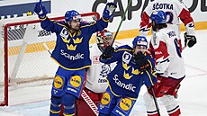 védtí hokejisté Emil Petterson a Pontus Holmberg (s rukavicí na oblieji) se...