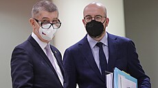 Andrej Babi� a p�edseda Evropské rady Charles Michel p�ed celodenním summitem...