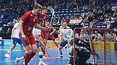 Marek Beneš (v popředí) se raduje z gólu v semifinálovém duelu s Finskem.