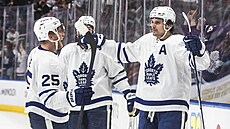 Ondřej Kaše (25) a Auston Matthews (34) slaví gól Toronto Maple Leafs proti...