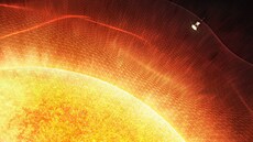 Vizualizace sondy Parker Solar Probe ve slunení atmosfée..