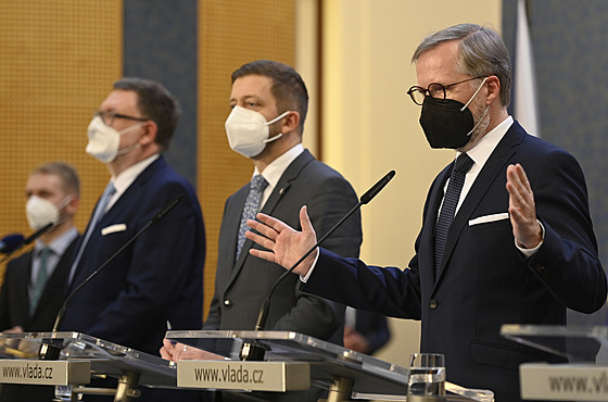 Premiér Petr Fiala na tiskové konferenci po prvním ádném zasedání vlády (22....