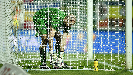 Branká Patrik Vízek z Hradce Králové po  inkasovaném gólu v duelu se Spartou.