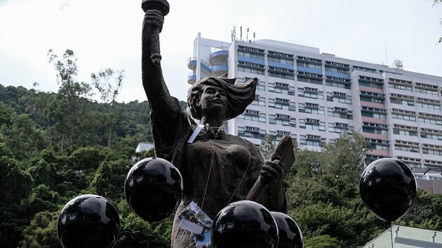 est metr vysok socha s nzvem Bohyn demokracie v arelu jedn z univerzit v Hongkongu. (19. listopadu 2020)