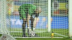 Branká� Patrik Vízek z Hradce Králové po  inkasovaném gólu v duelu se Spartou.