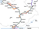 Mapa zvaovan hlavn trasy kanlu Dunaj-Odra-Labe i ppadnch alternativ