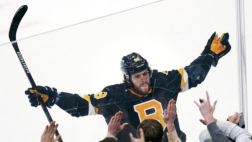 David Pastr�ák slaví s fanou�ky Boston Bruins gól proti New Jersey Devils.
