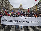 V Praze demonstrovali odpůrci povinného očkování proti covidu-19. (9. ledna...