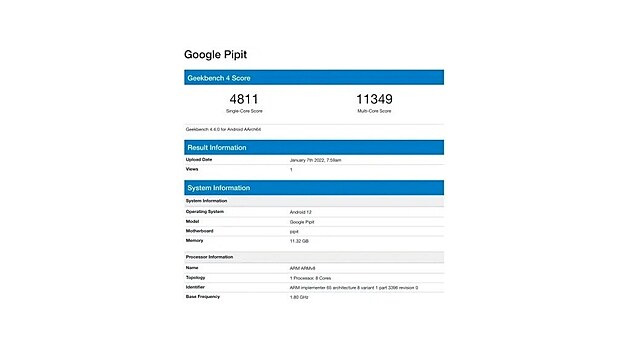 Skldac Google Pixel s internm oznaenm Pipit ve vkonnostnm testu Geekbench