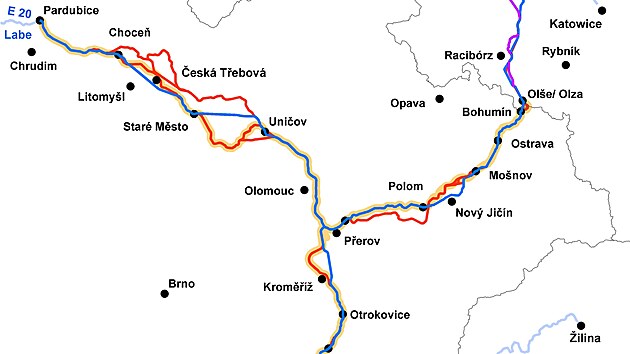 Mapa zvaovan hlavn trasy kanlu Dunaj-Odra-Labe i ppadnch alternativ