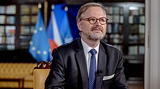 Premiér Petr Fiala p�i natá�ení novoro�ního projevu.