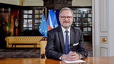 Premiér Petr Fiala p�i natá�ení novoro�ního projevu.