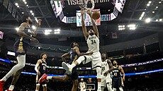 Janis Adetokunbo z Milwaukee smeuje v utkání proti New Orleans.