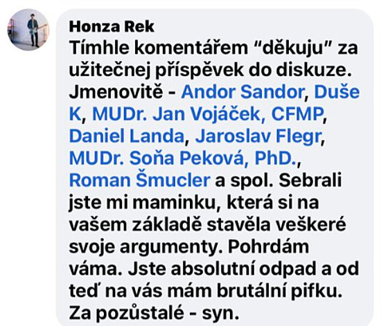 Komentář Jana Reka na sociální síti