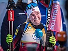 Spokojená Marte Olsbuová-Röiselandová v cíli stíhacího závodu.