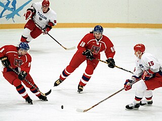 Momentka z hokejového olympijského turnaje v Naganu 1998, utkání Česko - Rusko