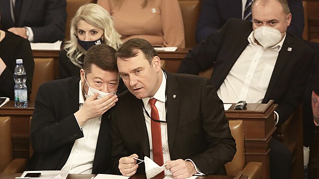 Hlasování o důvěře vládě se uskuteční 95 dnů od říjnových voleb. Poslanecká sněmovna Praha. Na snímku Tomio Okamura a Radim Fiala oba za SPD. (12. ledna 2022)
