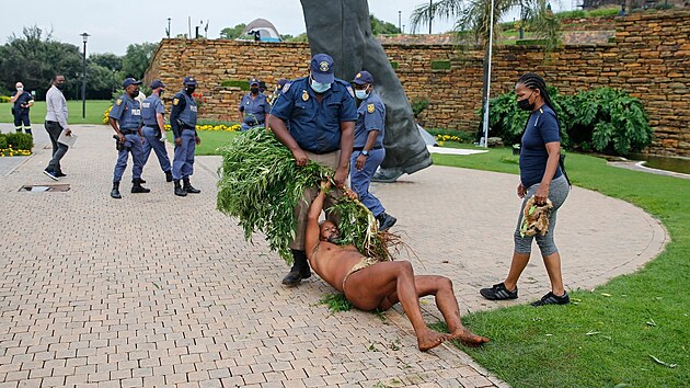 Vdce domorodc krl Khoisan se dr rostliny konop, kterou policie konfiskuje bhem zsahu nedaleko prezidentskho palce v Pretorii. Domorodci na mst v rmci protestu tbo ji ti roky. (12. ledna 2021) 