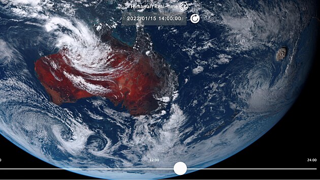 Satelitní záběr erupce podmořského vulkánu Hunga Tonga - Hunga Ha’apai. (15. ledna 2022)