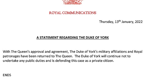 Prohlášení královského paláce ohledně prince Andrewa (Londýn, 13. ledna 2022)