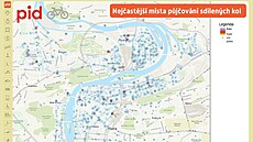 Nejčastější místa půjčování sdílených kol v Praze.