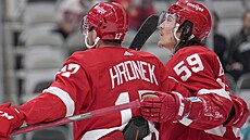 Filip Hronek (vlevo) a Tyler Bertuzzi z Detroitu se radují z gólu v duelu se...