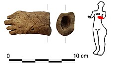 Nalezená část neolitické plastiky z Jičína. Vpravo je vyznačena možná původní...