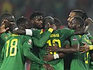 Kameruntí fotbalisté slaví na domácím africkém ampionátu gól v osmifinálovém...