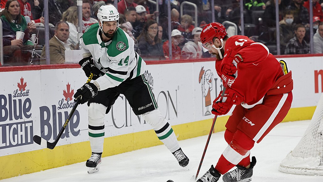 Filip Hronek z Detroitu (vpravo) u puku, pozoruje ho Jamie Benn z Dallasu.