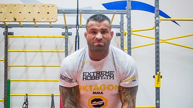 Zpasnk MMA Karlos Vmola trnuje po zrann ramene v eskobudjovickm sportcentru Delfn.