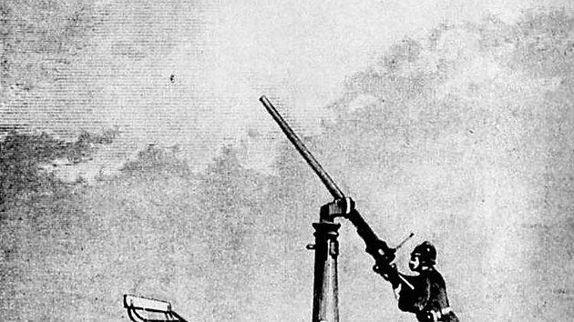Dělo Krupp proti balonům používané při obléhání Paříže na podzim a v zimě 1870/1871 (volné vyobrazení na výtvarném díle bez ambice na věrnost podání)