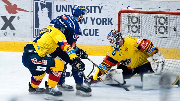 Hokejov extraliga, 47. kolo, Ryti Kladno - Motor esk Budjovice. Domc Martin Kadlec pekonv Dominika Hrachovinu.