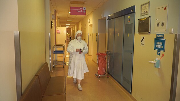 Kaplanka Anna Vendula Malichov m za zdravotnmi sestrami na oddlen JIP Nemocnice Milosrdnch sester sv. Karla Boromejskho v Praze. (26. ledna 2022)