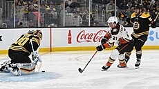 Isac Lundeström (21) z Anaheim Ducks stílí na bostonského Tuukku Raska,...