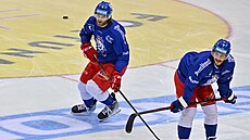 Obránci David Musil (vlevo) a Tomá Kundrátek v Praze na tréninku eské...