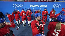 eské hokejistky ped tréninkem v Pekingu.