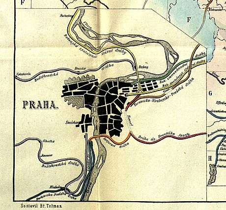 Mapa elezninch trat mcch do Prahy (rok 1875). Barevn jsou rozlieny...