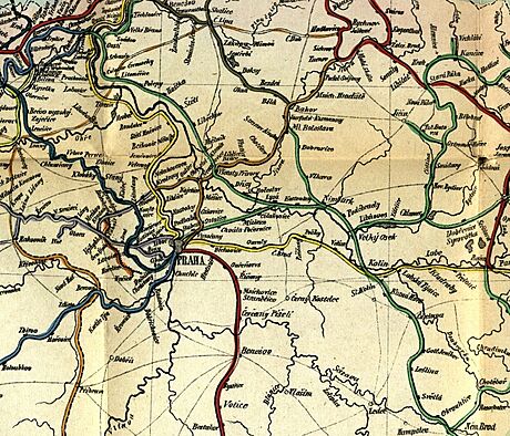 Mapa rakousko-uherskch elezninch trat (rok 1875) v eskch zemch...