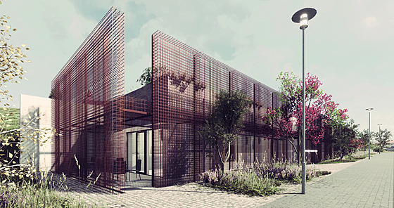 Vít�z navrhl jednopodla�ní materiálov� st�ídmý objekt se zelenou st�echou....