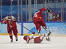 eská hokejová reprezentace hraje pi svém prvním vystoupení pod pti kruhy v...