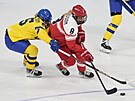 védská hokejistka Lina Ljungblomová se snaí zastavit Josefine Perssonovou z...