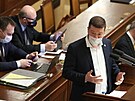 Pedseda SPD Tomio Okamura hovoí na schzi Snmovny k vládní novele...