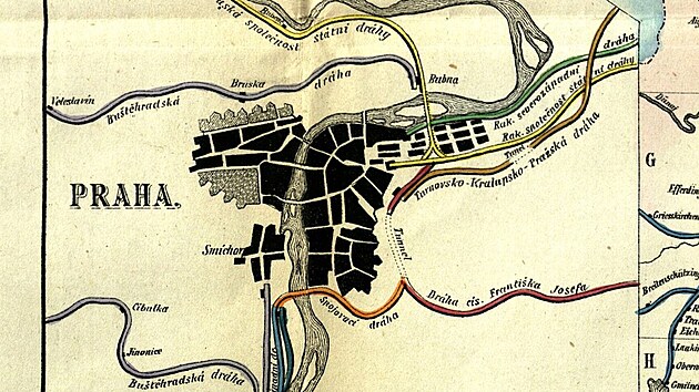 Mapa elezninch trat mcch do Prahy (rok 1875). Barevn jsou rozlieny jednotliv spolenosti, Rakousk severozpadn drha je znzornna zelenou barvou.