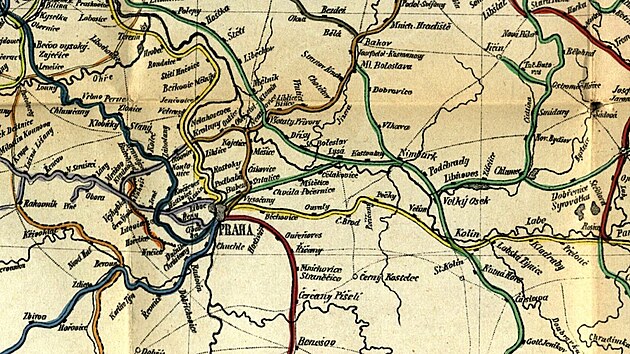 Mapa rakousko-uherskch elezninch trat (rok 1875) v eskch zemch (detailn pohled na okol Prahy). Barevn jsou rozlieny jednotliv spolenosti, Rakousk severozpadn drha je znzornna zelenou barvou.