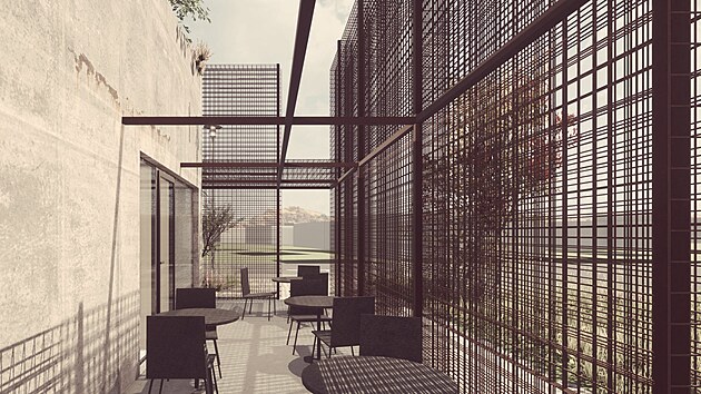 V�t�z navrhl jednopodla�n� materi�lov� st��dm� objekt se zelenou st�echou. Pou��v� pohledov� beton a sklo, ze t�� stran jej zahaluje do �z�voje� z cortenov�ch s�t�.