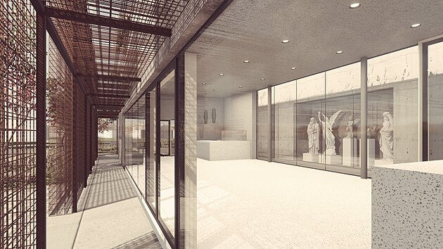 V�t�z navrhl jednopodla�n� materi�lov� st��dm� objekt se zelenou st�echou. Pou��v� pohledov� beton a sklo, ze t�� stran jej zahaluje do �z�voje� z cortenov�ch s�t�.