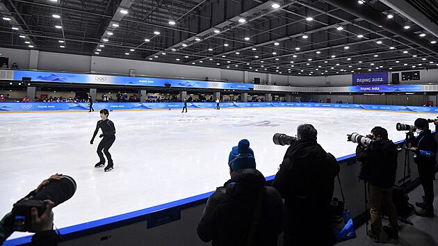 Juzuru Hanju pi prvnm trninku v djiti olympijskch her v Pekingu.