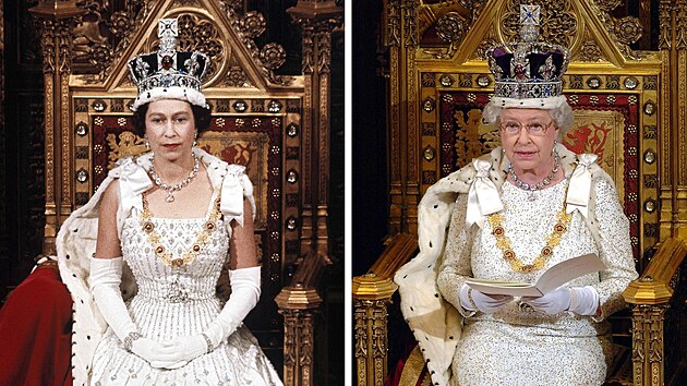 Královna Alžběta II. na otevření parlamentu v dubnu 1966 a listopadu 2006